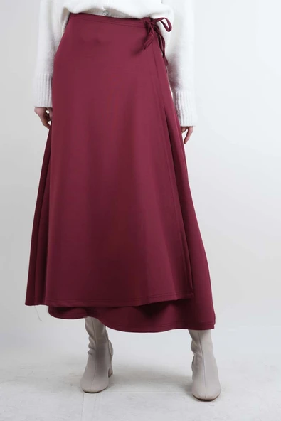 Tesettür Etek Yandan Çapraz Bağlamalı Scuba Etek Bordo ürün görseli 1