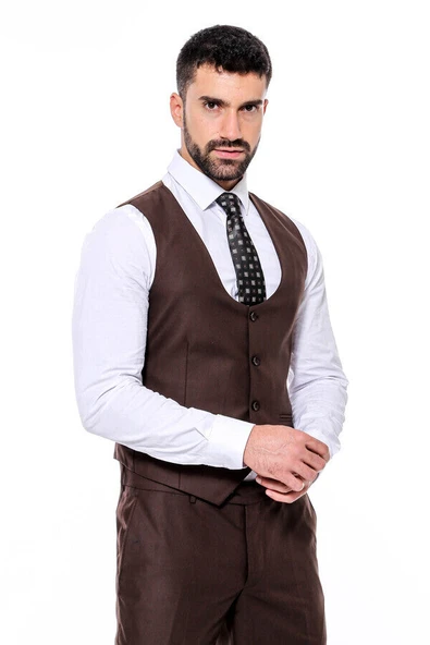 Desensiz Slim Fit Kahverengi Erkek Takım Elbise - Wessi - Resim 6
