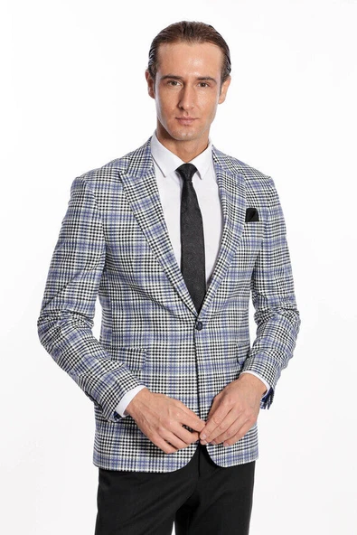 Ekose Desenli Slim Fit Siyah Mavi Erkek Ceket - Wessi ürün görseli 1