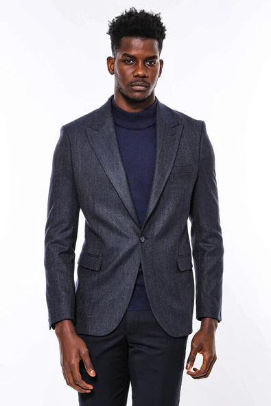 Kendinden Desenli Lacivert Slim Fit Ceket - Wessi - Resim 8