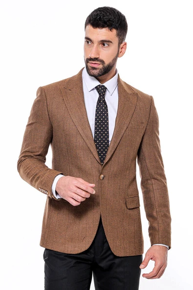 Slim Fit Desenli Açık Kahverengi Erkek Ceket - Wessi - Resim 3
