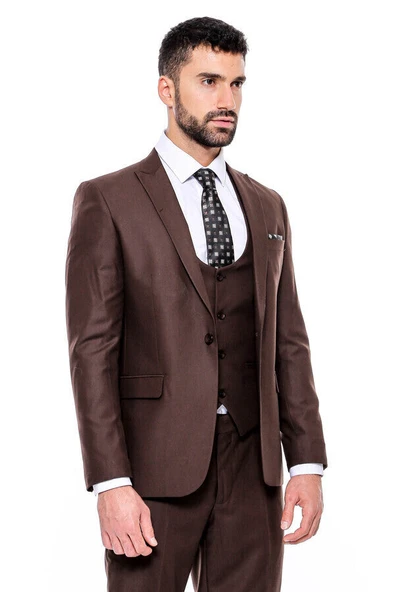 Desensiz Slim Fit Kahverengi Erkek Takım Elbise - Wessi - Resim 8