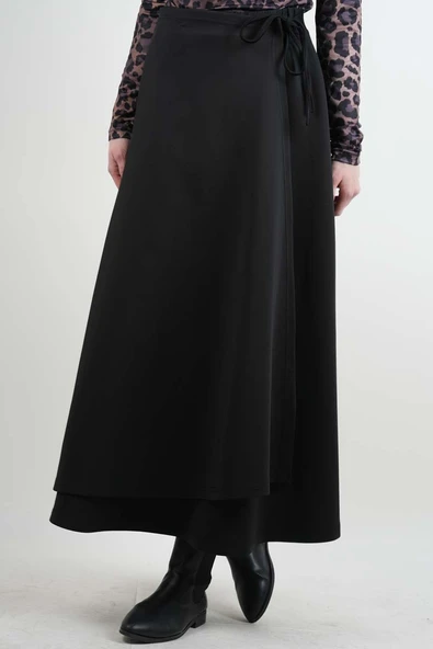 Tesettür Etek Yandan Çapraz Bağlamalı Scuba Etek Siyah - Resim 2