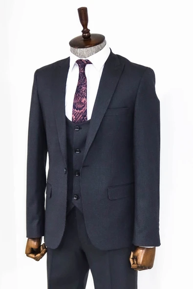 Slim Fit Desenli Lacivert Erkek Takım Elbise - Wessi - Resim 5