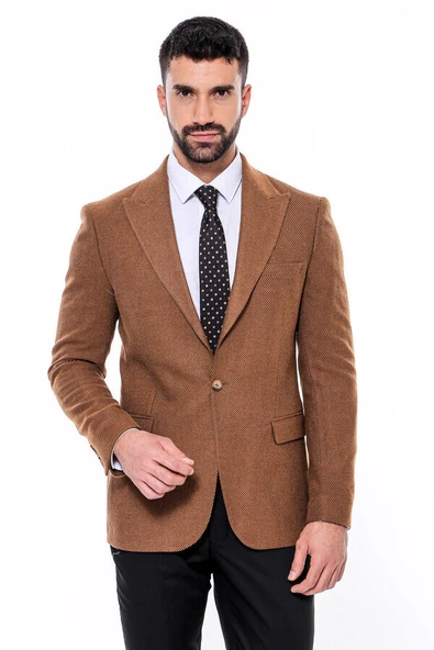 Slim Fit Desenli Taba Erkek Ceket - Wessi - Resim 7