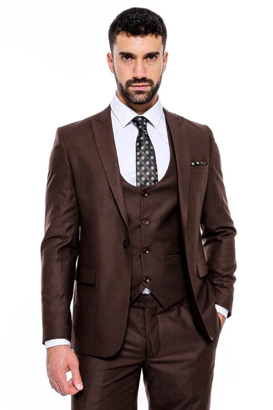 Desensiz Slim Fit Kahverengi Erkek Takım Elbise - Wessi - Resim 5
