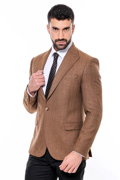 Slim Fit Desenli Açık Kahverengi Erkek Ceket - Wessi - Resim 4