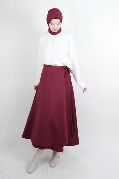 Tesettür Etek Yandan Çapraz Bağlamalı Scuba Etek Bordo - Resim 4