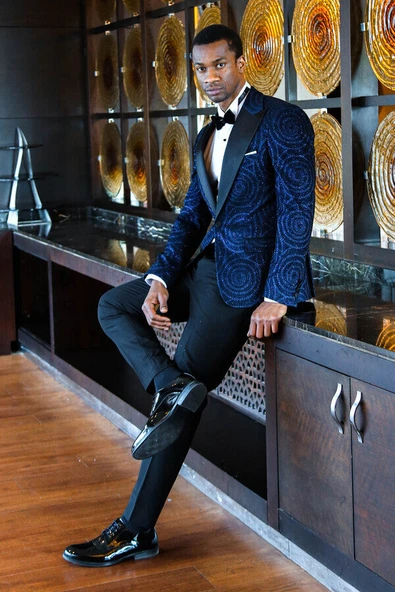 Hipnoz Desen Sivri Yaka Slim Fit Lacivert Erkek Smokin Ceket - Wessi - Resim 3