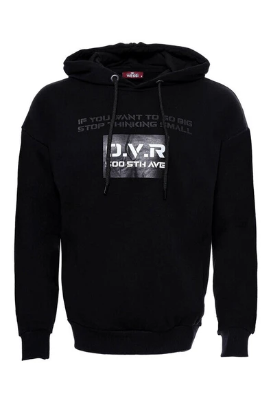 Kapşonlu Baskılı Siyah Erkek Sweatshirt - Wessi ürün görseli 1
