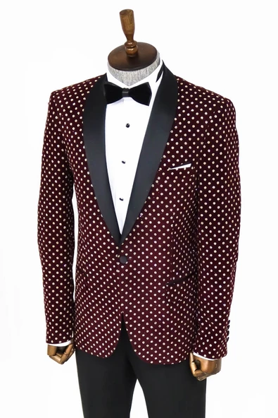 Nokta Desenli Slim Fit Bordo Erkek Smokin Ceket - Wessi - Resim 6