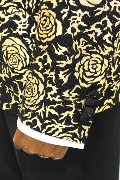 Gold Gül Desenli Slim Fit Siyah Erkek Smokin Ceket - Wessi - Resim 7