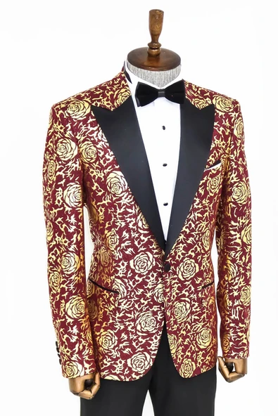 Gold Gül Desenli Slim Fit Bordo Erkek Smokin Ceket - Wessi - Resim 6