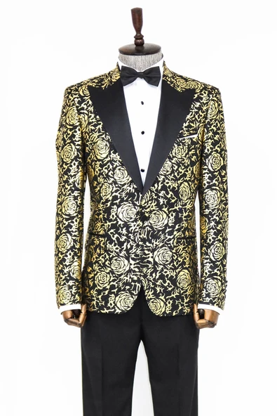 Gold Gül Desenli Slim Fit Siyah Erkek Smokin Ceket - Wessi - Resim 4