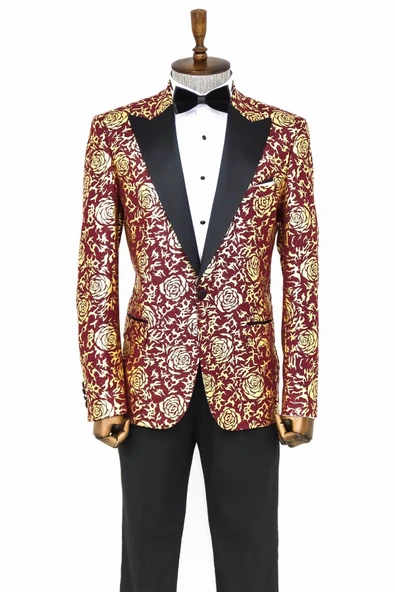 Gold Gül Desenli Slim Fit Bordo Erkek Smokin Ceket - Wessi - Resim 4