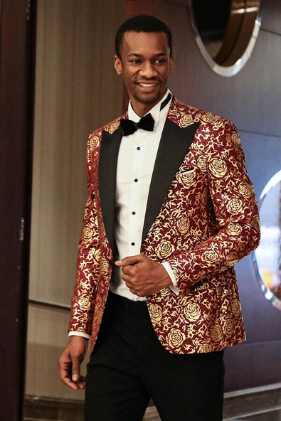 Gold Gül Desenli Slim Fit Bordo Erkek Smokin Ceket - Wessi - Resim 3