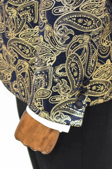 Desenli Sivri Yakalı Lacivert Erkek Smokin Ceketi - Wessi - Resim 8