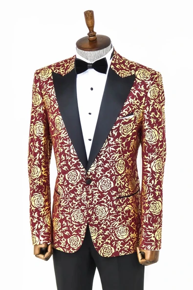 Gold Gül Desenli Slim Fit Bordo Erkek Smokin Ceket - Wessi - Resim 5