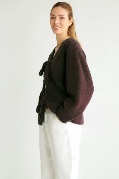 Dokulu, V Yaka, Bağlamalı Önü Açık Hırka/Ceket - Resim 11