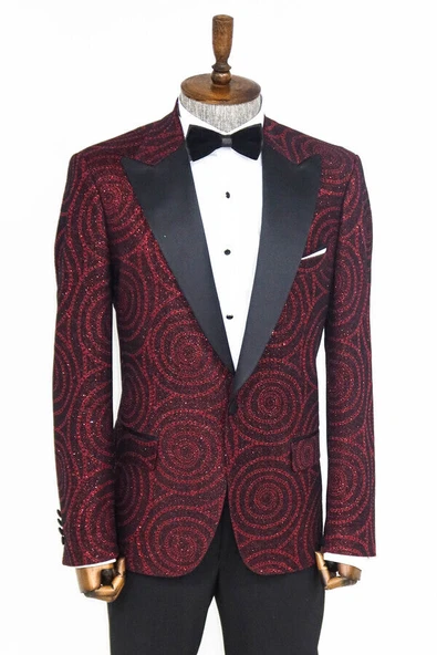 Hipnoz Desen Sivri Yaka Slim Fit Bordo Erkek Smokin Ceket - Wessi - Resim 4