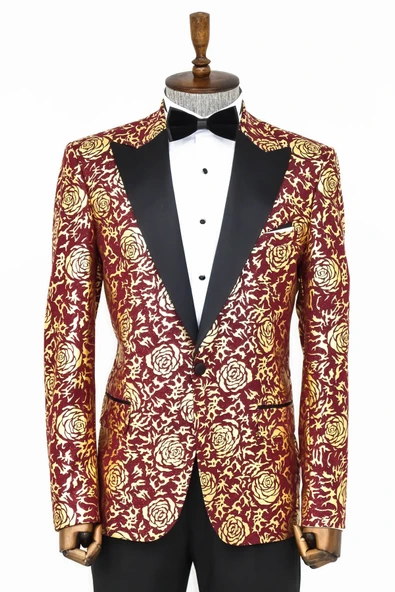 Gold Gül Desenli Slim Fit Bordo Erkek Smokin Ceket - Wessi ürün görseli 1