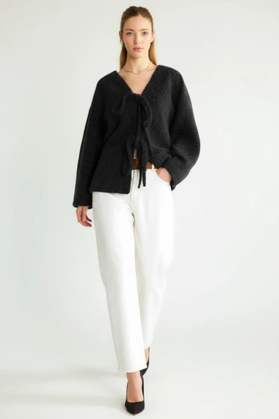 Dokulu, V Yaka, Bağlamalı Önü Açık Hırka/Ceket - Resim 7