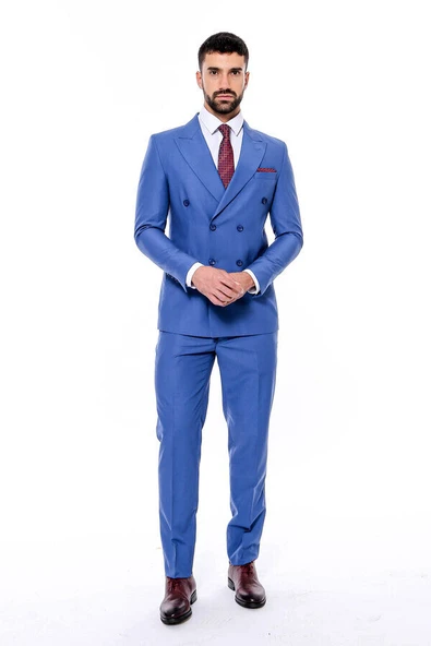 Kruvaze Slim Fit Mavi Erkek Takım Elbise - Wessi - Resim 4
