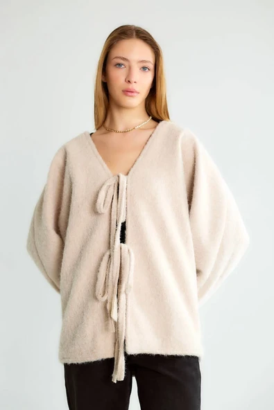 Dokulu, V Yaka, Bağlamalı Önü Açık Hırka/Ceket - Resim 2