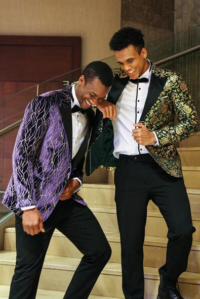 Gold Gül Desenli Slim Fit Yeşil Erkek Smokin Ceket - Wessi - Resim 4