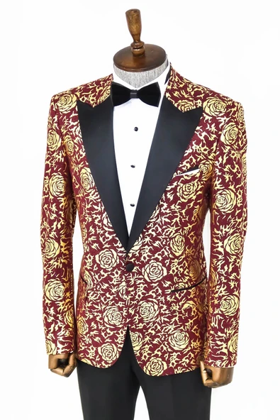 Gold Gül Desenli Slim Fit Bordo Erkek Smokin Ceket - Wessi - Resim 7