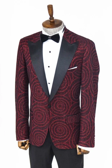 Hipnoz Desen Sivri Yaka Slim Fit Bordo Erkek Smokin Ceket - Wessi - Resim 8