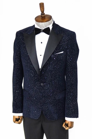 Işıltılı Çiçek Desenli Lacivert Erkek Smokin Ceket - Wessi - Resim 8