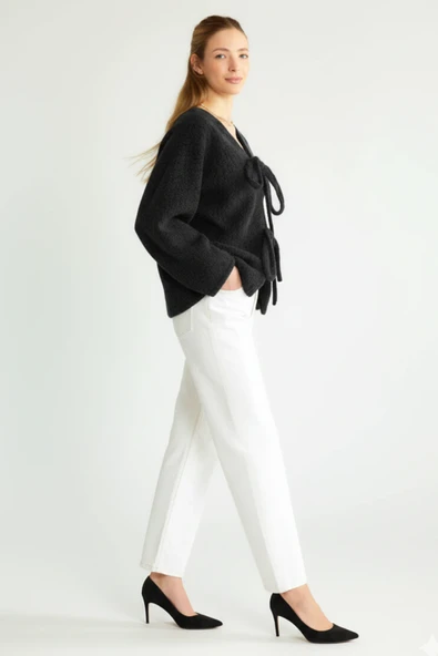 Dokulu, V Yaka, Bağlamalı Önü Açık Hırka/Ceket - Resim 6