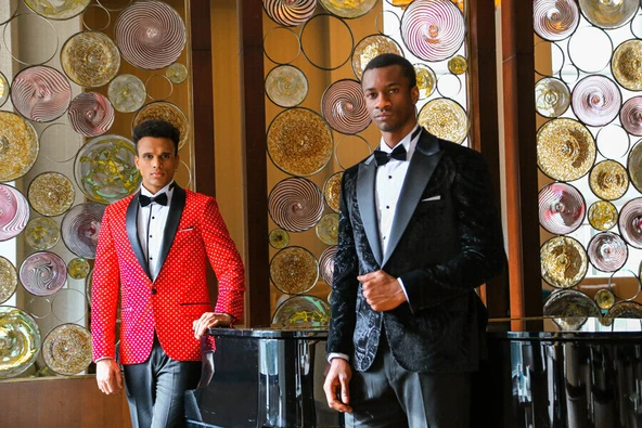 Nokta Desenli Slim Fit Kırmızı Erkek Smokin Ceket - Wessi - Resim 4