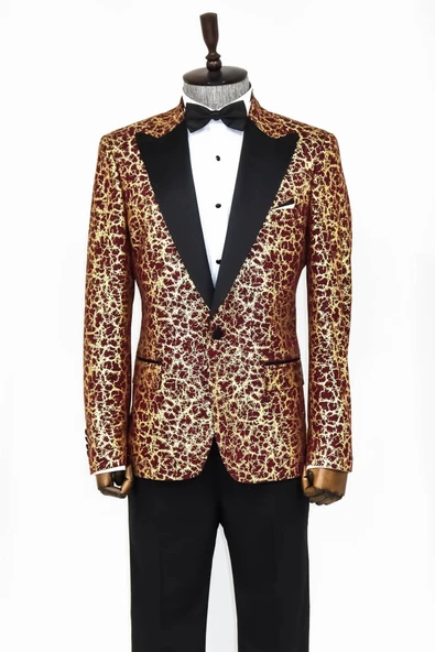 Kök Desenli Sivri Yaka Bordo Erkek Smokin Ceket - Wessi - Resim 3