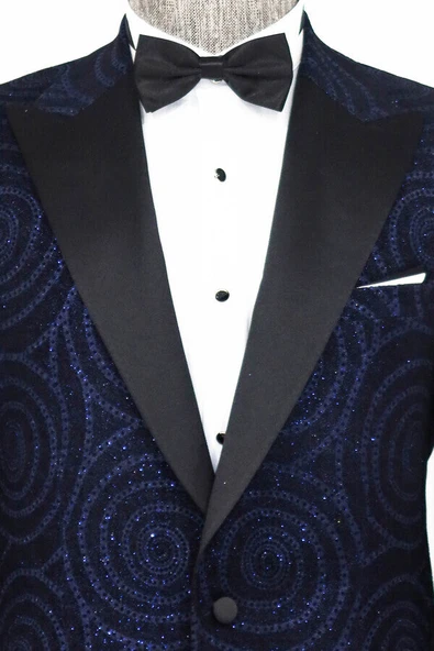 Hipnoz Desen Sivri Yaka Slim Fit Lacivert Erkek Smokin Ceket - Wessi - Resim 2