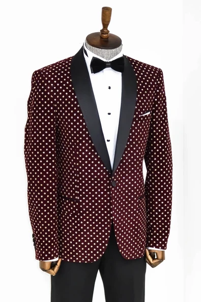 Nokta Desenli Slim Fit Bordo Erkek Smokin Ceket - Wessi - Resim 5