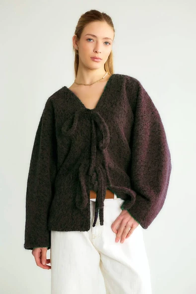 Dokulu, V Yaka, Bağlamalı Önü Açık Hırka/Ceket - Resim 10