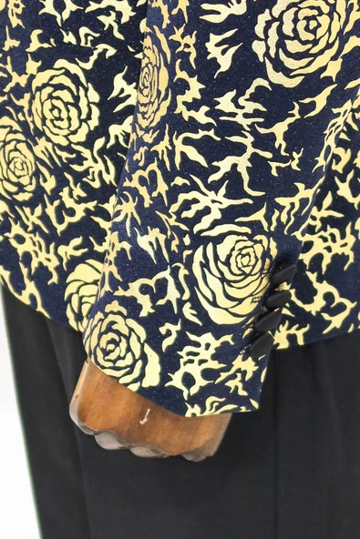 Gold Gül Desenli Slim Fit Lacivert Erkek Smokin Ceket - Wessi - Resim 8