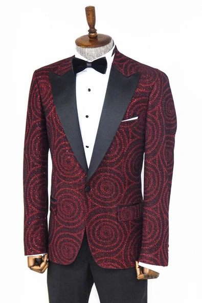 Hipnoz Desen Sivri Yaka Slim Fit Bordo Erkek Smokin Ceket - Wessi - Resim 6