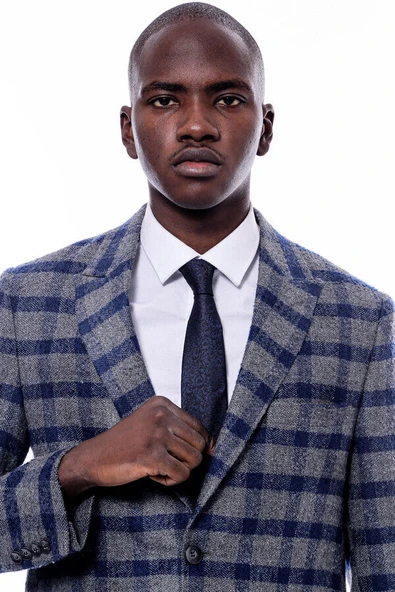 Ekose Sivri Yaka Slim Fit Mavi Erkek Ceket - Wessi - Resim 2