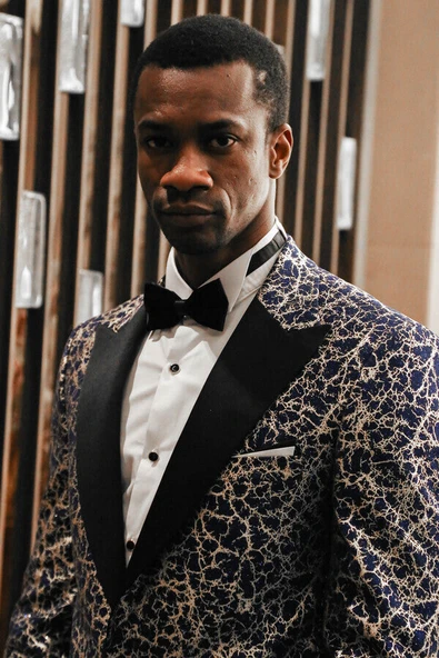 Kök Desenli Sivri Yaka Koyu Mavi Erkek Smokin Ceket - Wessi - Resim 3