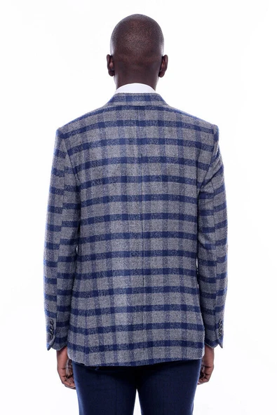 Ekose Sivri Yaka Slim Fit Mavi Erkek Ceket - Wessi - Resim 9