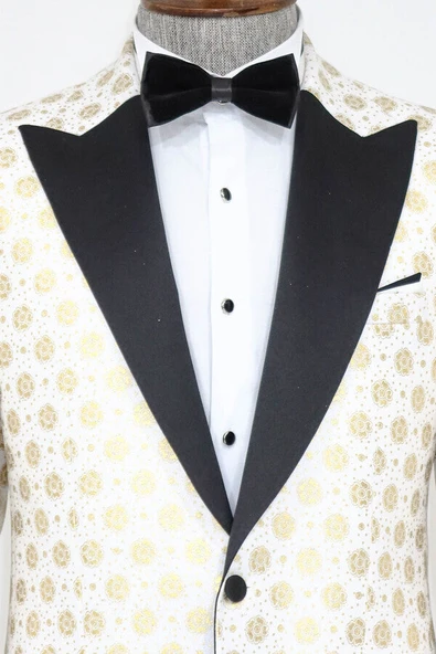 Çiçek Desenli Sivri Yaka Beyaz Erkek Smokin Ceket - Wessi - Resim 2