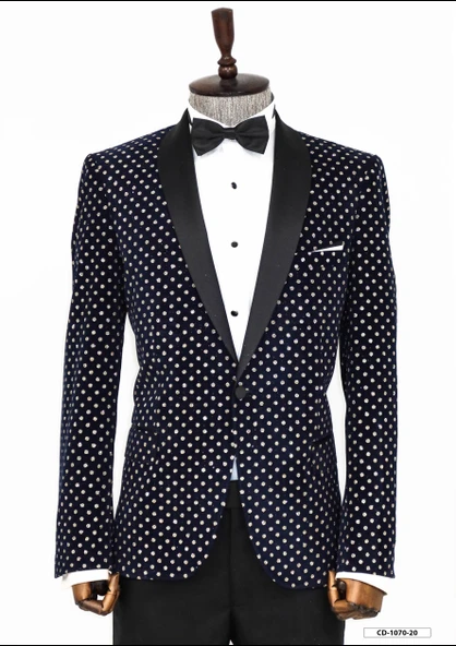 Nokta Desenli Slim Fit Lacivert Erkek Smokin Ceket - Wessi - Resim 4