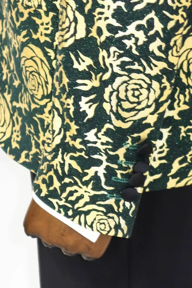 Gold Gül Desenli Slim Fit Yeşil Erkek Smokin Ceket - Wessi - Resim 8