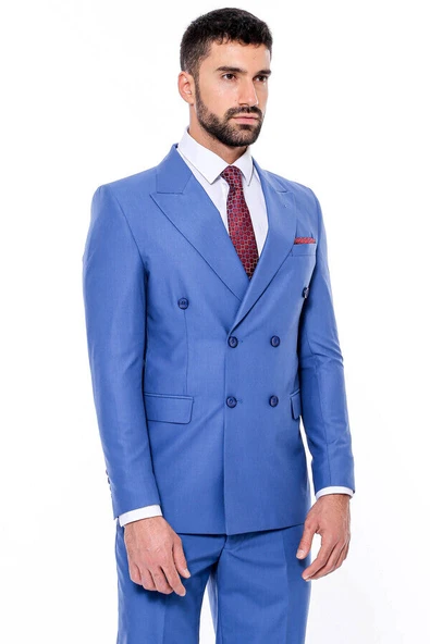 Kruvaze Slim Fit Mavi Erkek Takım Elbise - Wessi - Resim 8