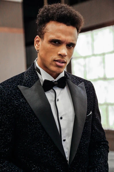 Işıltılı Çiçek Desenli Lacivert Erkek Smokin Ceket - Wessi - Resim 2