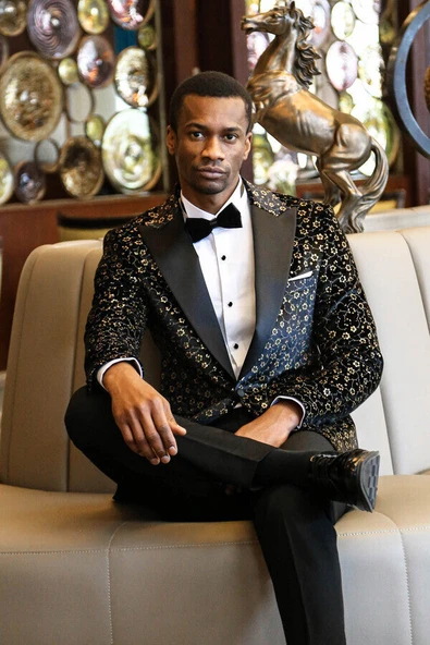 Mini Çiçek Desenli Siyah Erkek Smokin Ceket - Wessi - Resim 3