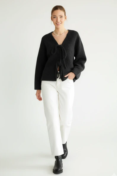 Dokulu, V Yaka, Bağlamalı Önü Açık Hırka/Ceket - Resim 8